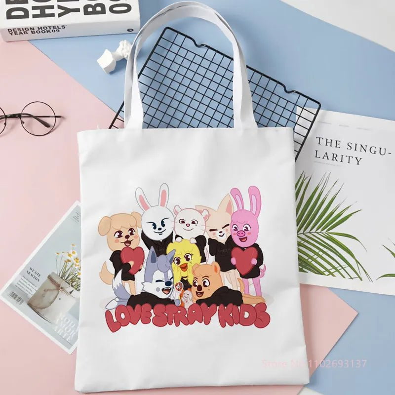 Storazone As Picture 4 / 40x40cm Cute Tote Bag Stray Kids SKZOO Kpop Linen Fabric Shoulder Shopper Bags For Women Eco Foldable Reusable Shopping Bags New Style