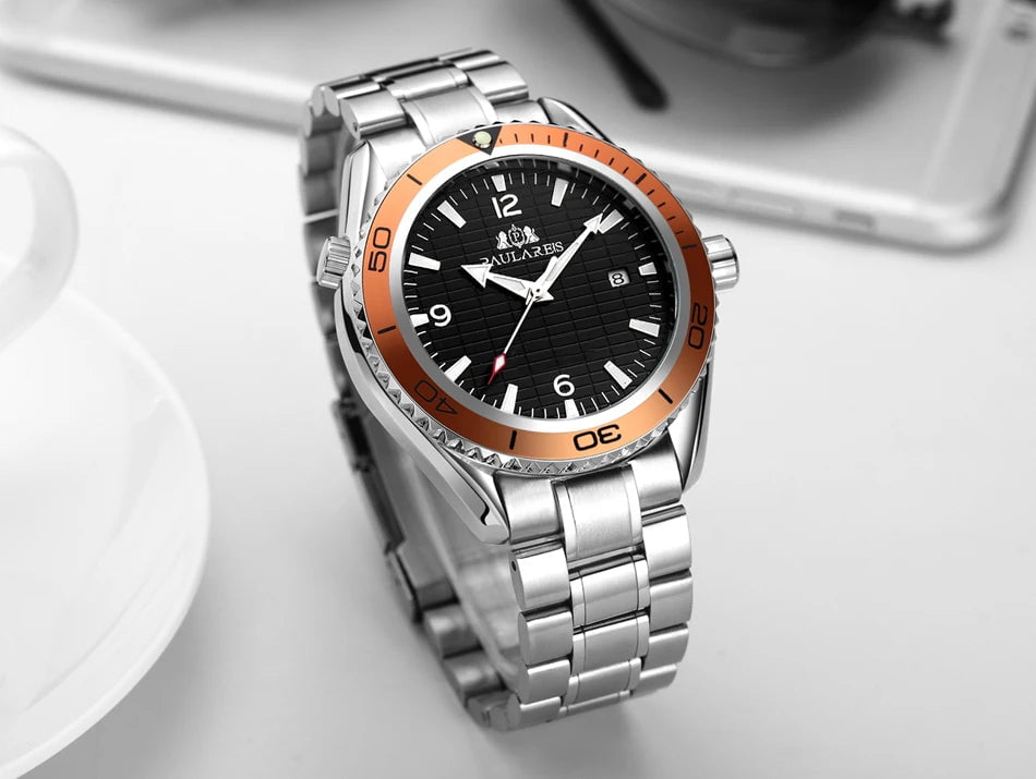 Storazone Automatic Self Wind Mechanical Stainless Steel Strap Simple Orange Blue Bezel  Date Business Men Watch