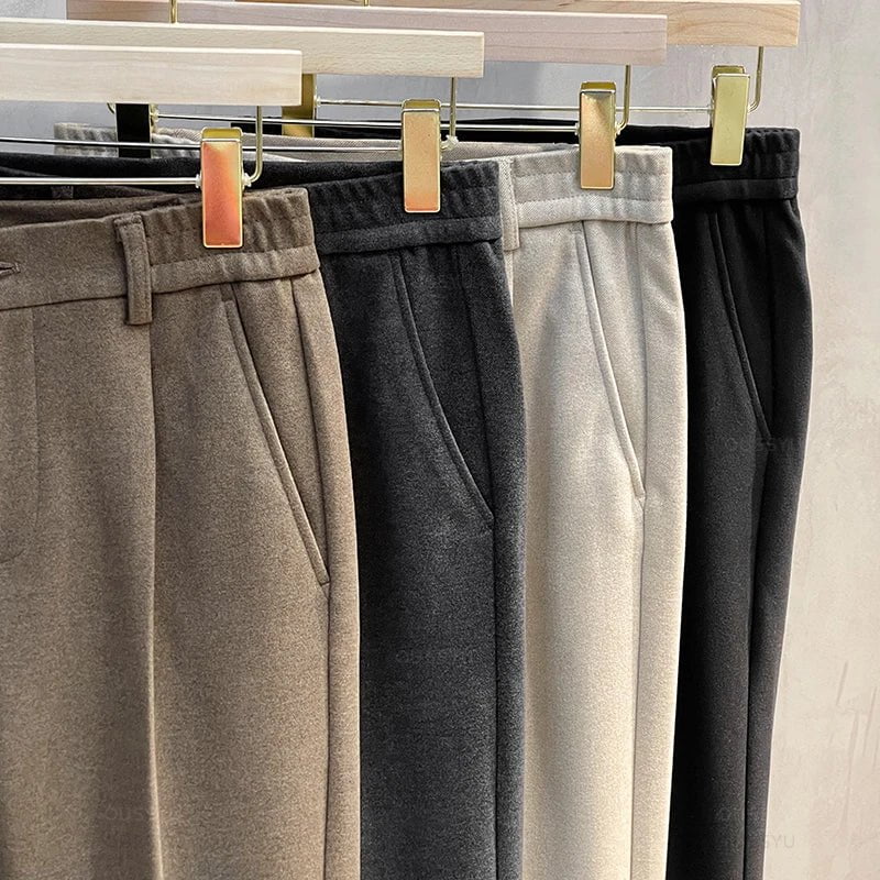 Storazone Autumn Winter Suit Pants Men Thick Business Elastic Waist Classic Grey Brown Woolen Straight Korean Formal Trousers Male 27-38