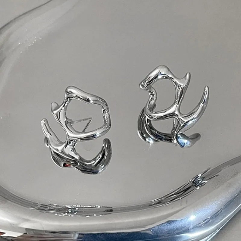 Storazone AYHJ5-110 Y2K Irregular Liquid Earrings for Women Silver Color Hip-Hop Punk Fashion Geometric Earring Clip Girl 2024 Trendy Party Jewelry