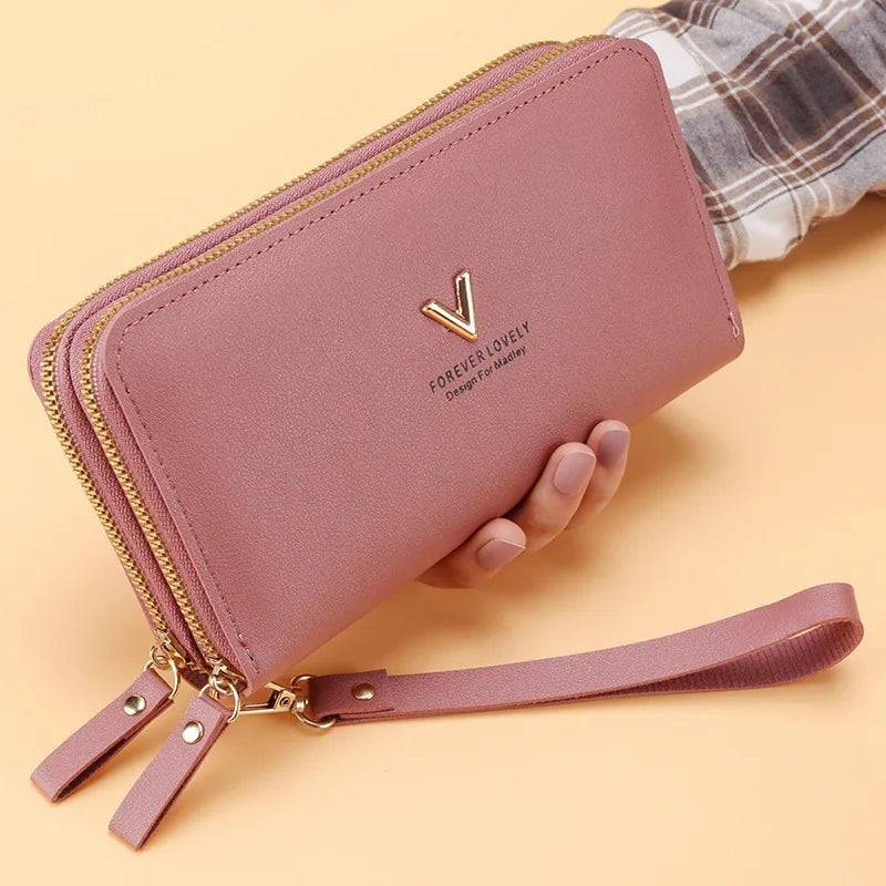 Storazone B-dark pink Long Women's Wallet Female Purses Tassel Coin Purse Card Holder Wallets Double Zipper Pu Leather Clutch Luxury Money Phone Bag