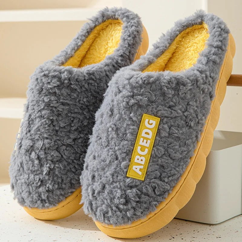 Storazone B-Gray / 36-37(fit 35-36) 2023 New Winter Fulffy Fur Slippers Men Plush Fleece Flat Slippers Sweet Thick Soled Indoor Cotton Slippers For Couple Shoes