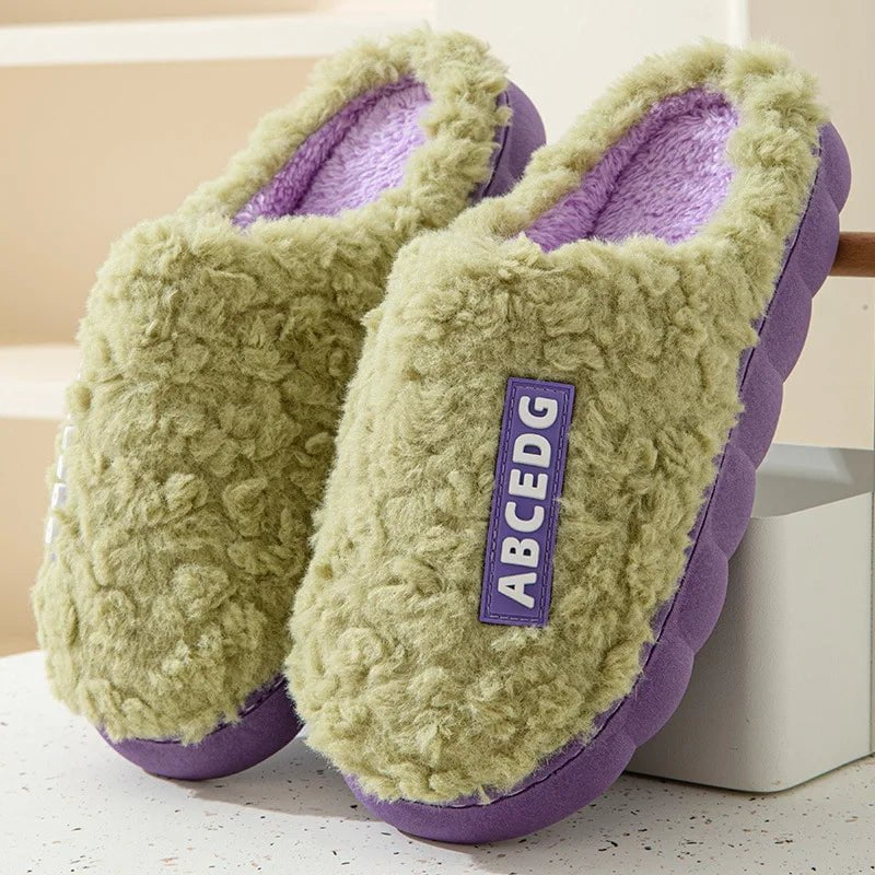 Storazone B-Green / 36-37(fit 35-36) 2023 New Winter Fulffy Fur Slippers Men Plush Fleece Flat Slippers Sweet Thick Soled Indoor Cotton Slippers For Couple Shoes