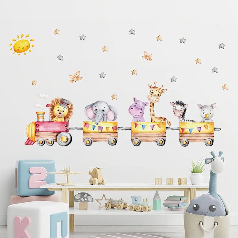 Storazone B Nordic Cartoon Animals Wall Stickers for Kids Rooms Girls Boys Baby Room Decoration Giraffe Elephant Train Birds Star Wallpaper