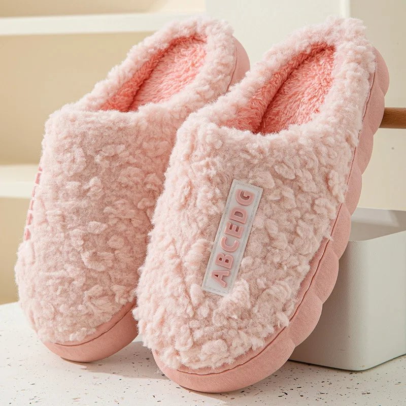 Storazone B-Pink / 36-37(fit 35-36) 2023 New Winter Fulffy Fur Slippers Men Plush Fleece Flat Slippers Sweet Thick Soled Indoor Cotton Slippers For Couple Shoes