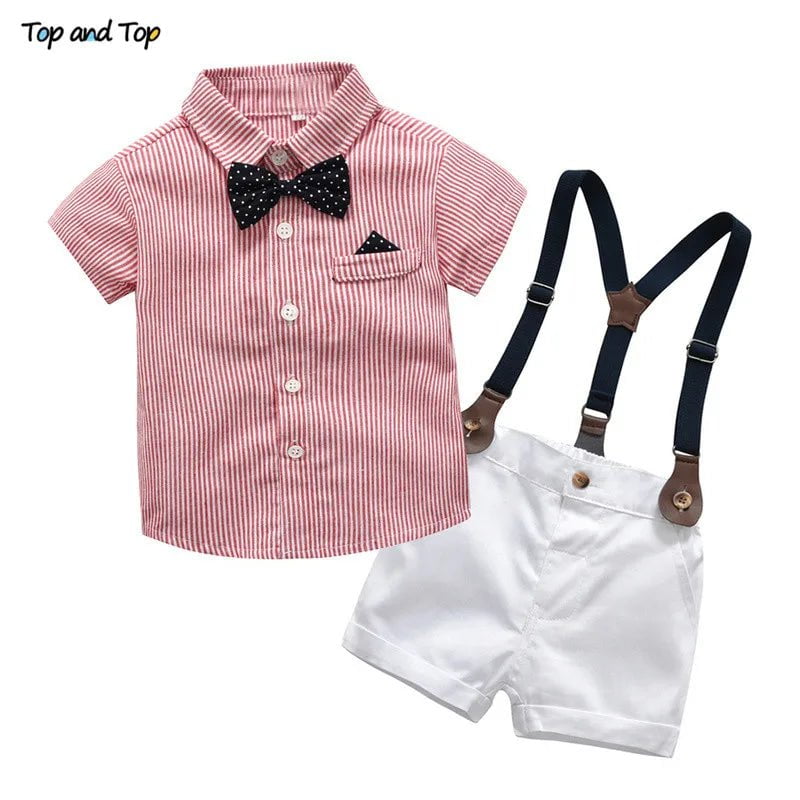 Storazone Baby Boy Gentleman Clothes Set Summer Suit For Toddler Striped Shirt with Bow Tie+Suspenders White Shorts Formal Boys Clothes