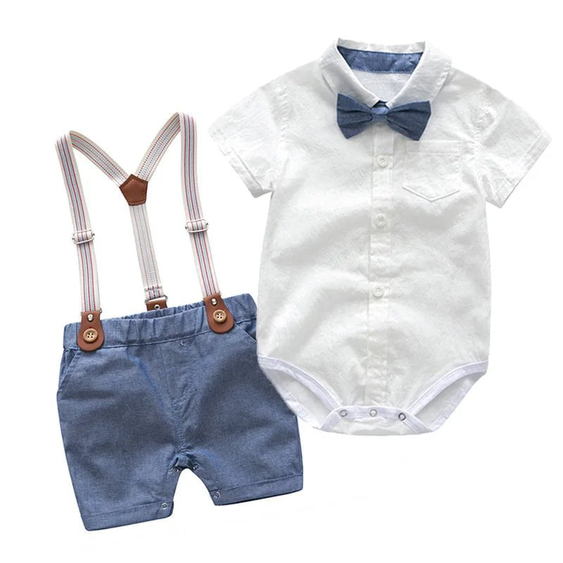 Storazone Baby Boy Gentleman Clothes Set Summer Suit For Toddler White Shirt with Bow Tie+Suspender Shorts Formal Newborn Boys Clothes