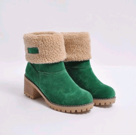 STORAZONE Bag and Choose Green / 35 Mid-Tube Thick Heel Suede Snow Boots