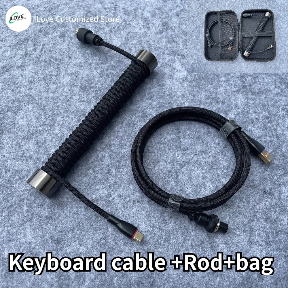 Storazone balck cable rod / 1.8m Coiled Keyboard Cable USB C for Mechanical Gaming Keyboard Double-Sleeved Wire with Detachable Metal Aviator Connector Charging