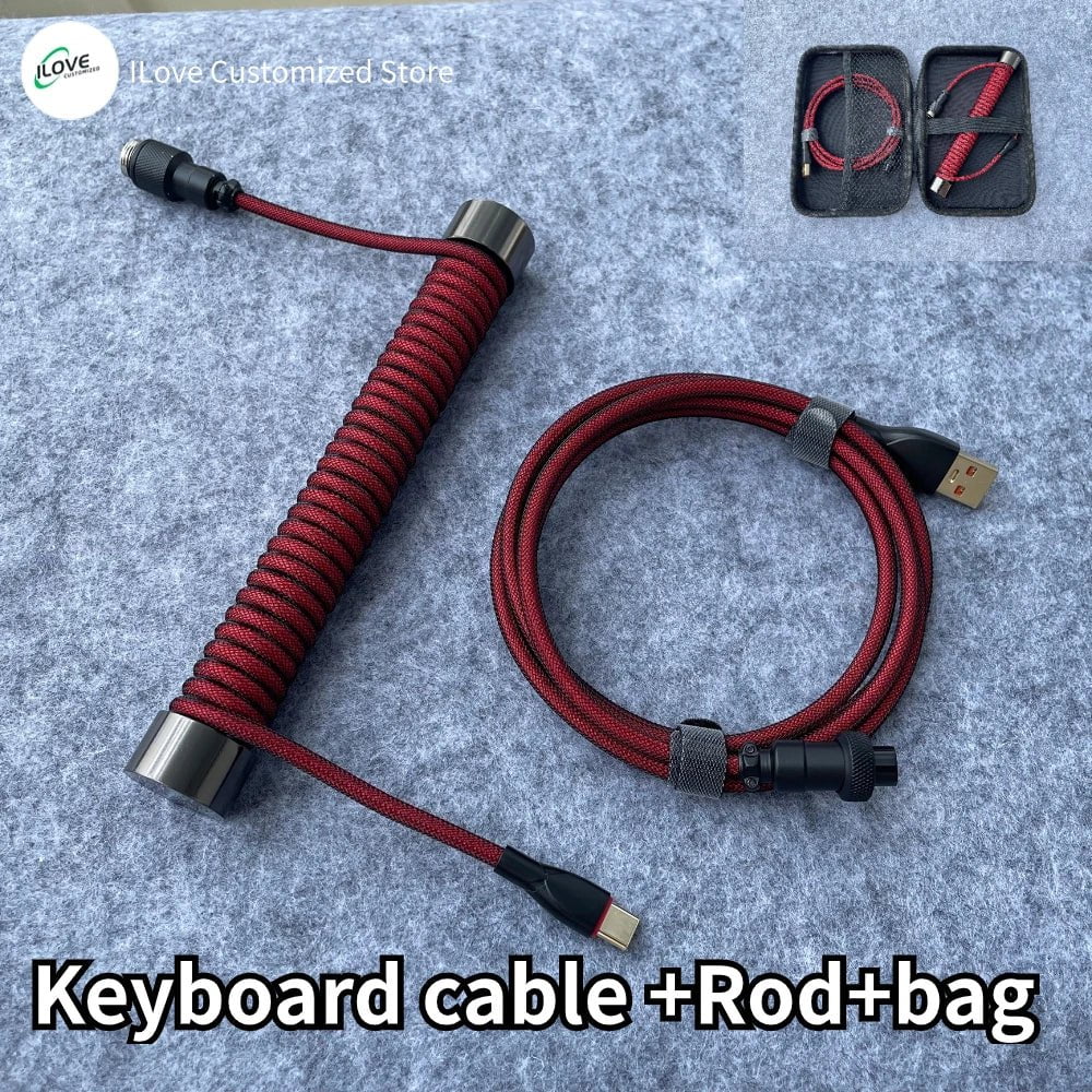 Storazone balck red / 1.8m Coiled Keyboard Cable USB C for Mechanical Gaming Keyboard Double-Sleeved Wire with Detachable Metal Aviator Connector Charging