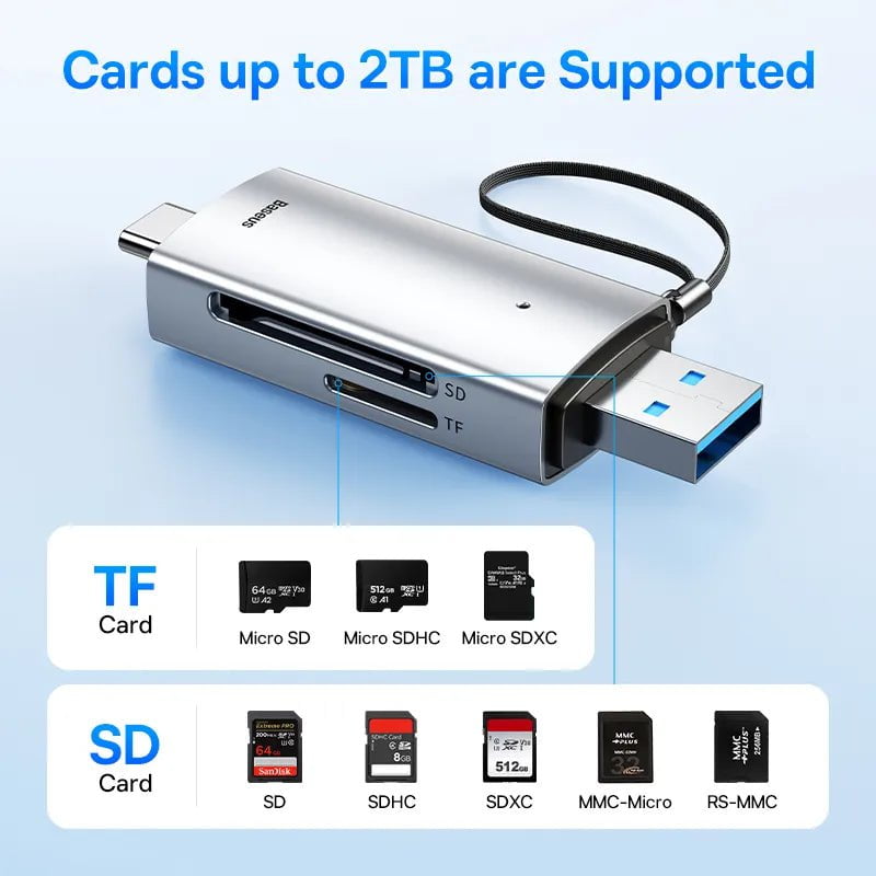 Storazone Baseus Card Reader USB C & USB3.0 to SD Micro SD TF Memory Card Device 104MB/s 2TB Smart Cardreader for Laptop Accessories