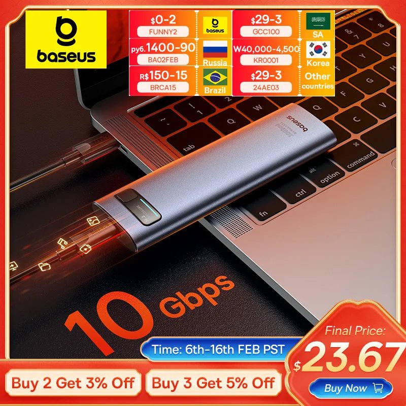 Storazone Baseus M2 SSD Case NVME SATA Dual Protocol M.2 to USB Type C 3.2 Gen 2 Portable SSD Sata Nvme Enclosure External PC Case