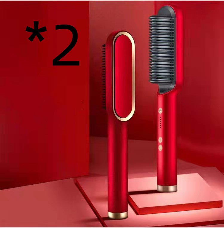 STORAZONE Beauté et santé 2pcs Red / US / Opp pack New 2 In 1 Hair Straightener Hot Comb Negative Ion Curling Tong Dual-purpose Electric Hair Brush