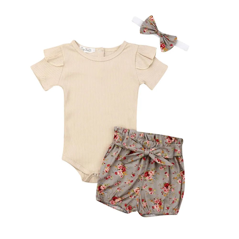 Storazone Beige / 18M 2019 Baby Summer Clothing Newborn Infant Baby Girl Boys Clothes Sets Solid Ribbed Romper+Floral PP Shorts+Headband 3Pcs Outfit