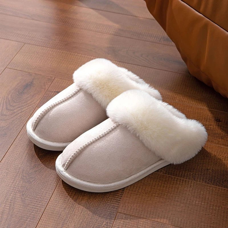 Storazone Beige / 36-37(fit 35-36) 2023 Winter Warm Flat Fur Slippers Women Faux Suede Fluffy Furry Home Slides Woman Comfort Non Slip Indoor Floor Cotton Shoes