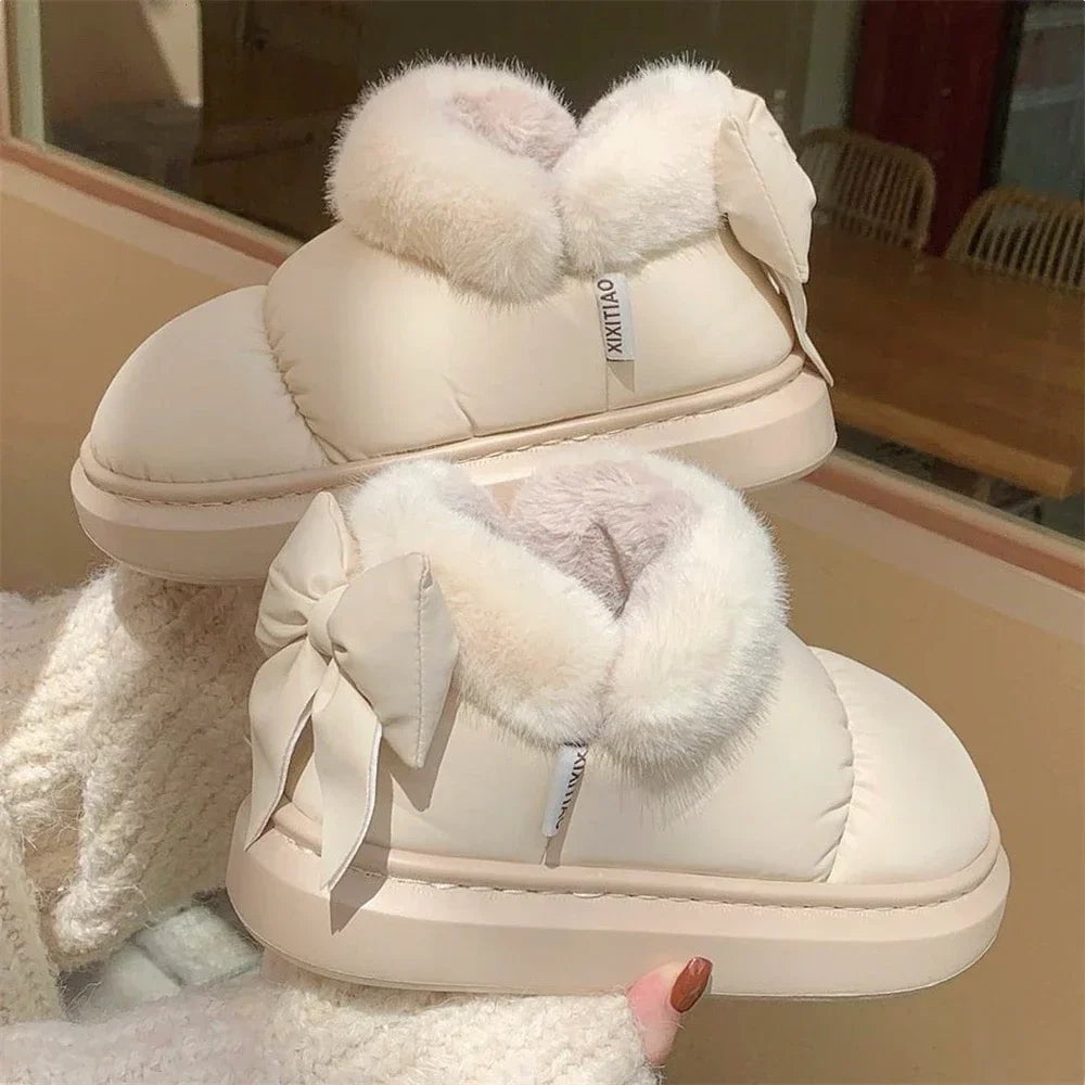 Storazone Beige / 38-39(fit 37-38) Winter Women Cute Warm Ankle Boots Outdoor Non-slip Thick Sole Snow Boots Furry Bow Cotton Shoes Men Pu Waterproof Plush Boots