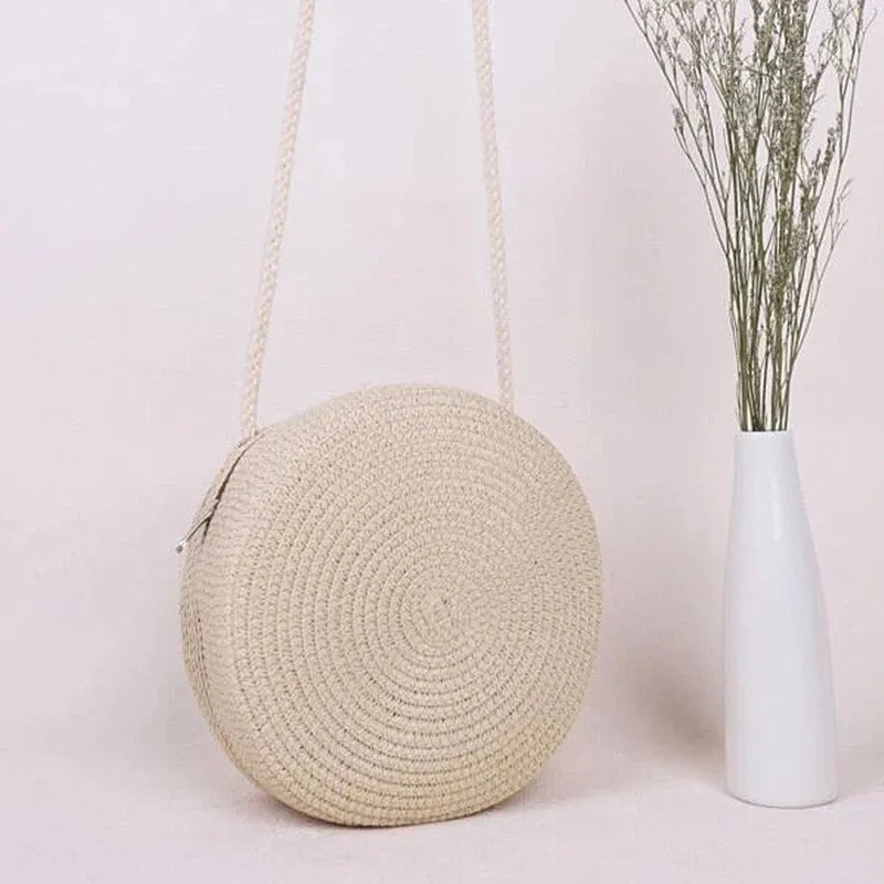 Storazone beige Minimalist Straw Bag Round Crossbody Purse Women Shoulder Vocation Style Handbag