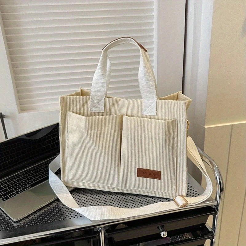 Storazone Beige Women's Corduroy Tote Bag Large Capcity Handbags for Women Commuting Women's Bag Messenger Shoulder Bag Female Handbag