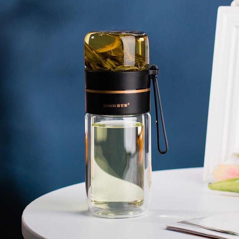 STORAZONE Best Seller Black / 400ml Glass Water Bottle With Tea Infuser Filter Tea Separation Double Wall Glass Bottle Leakproof Water Bottle