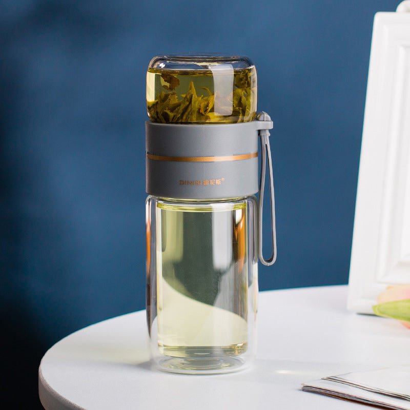 STORAZONE Best Seller Grey / 400ml Glass Water Bottle With Tea Infuser Filter Tea Separation Double Wall Glass Bottle Leakproof Water Bottle