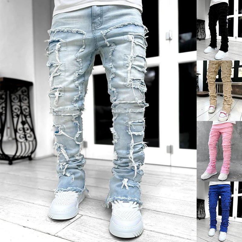 STORAZONE Best Seller Men Trousers Individual Patched Pants Long Tight Fit Stacked Jeans For Mens Clothing