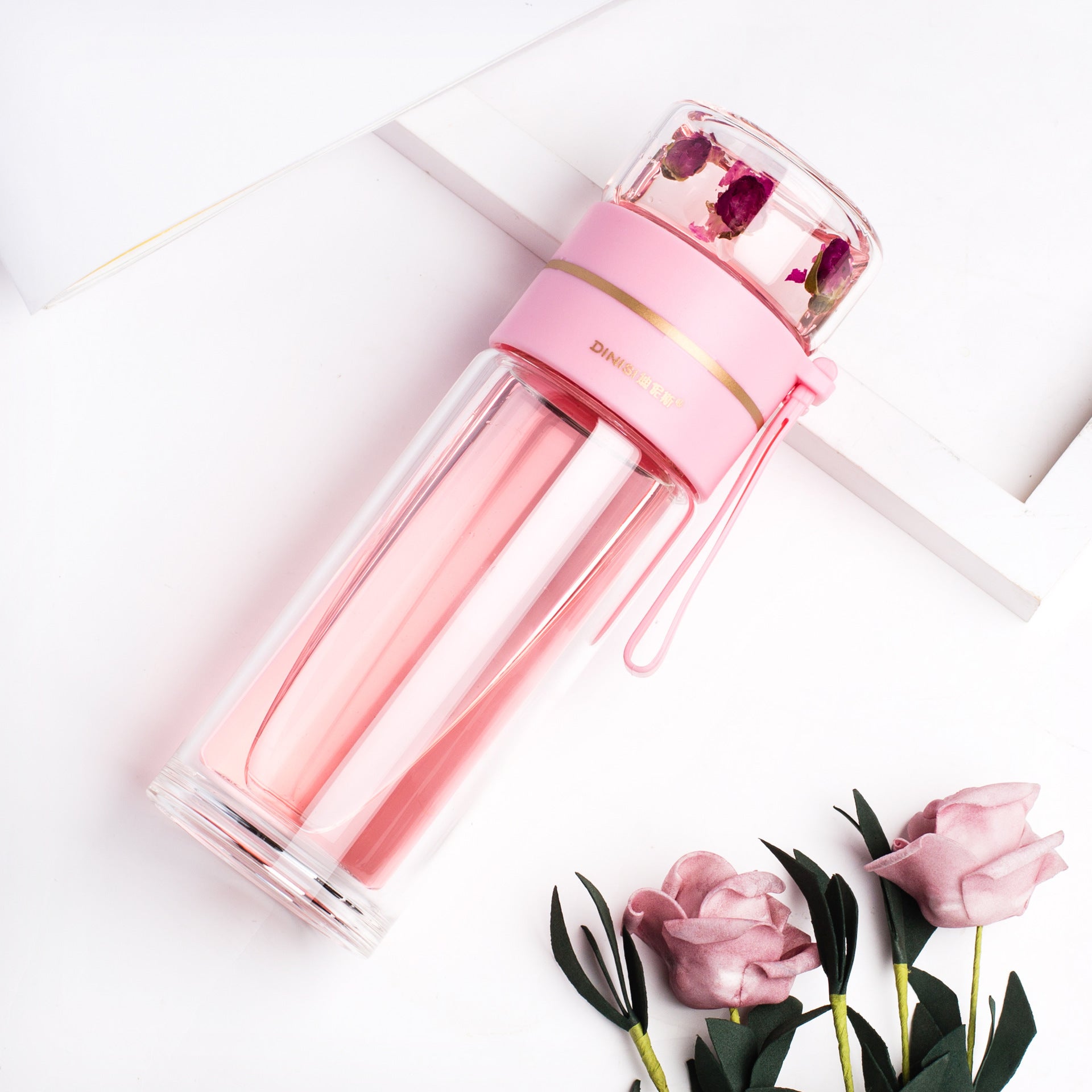 STORAZONE Best Seller Pink / 450ml Glass Water Bottle With Tea Infuser Filter Tea Separation Double Wall Glass Bottle Leakproof Water Bottle