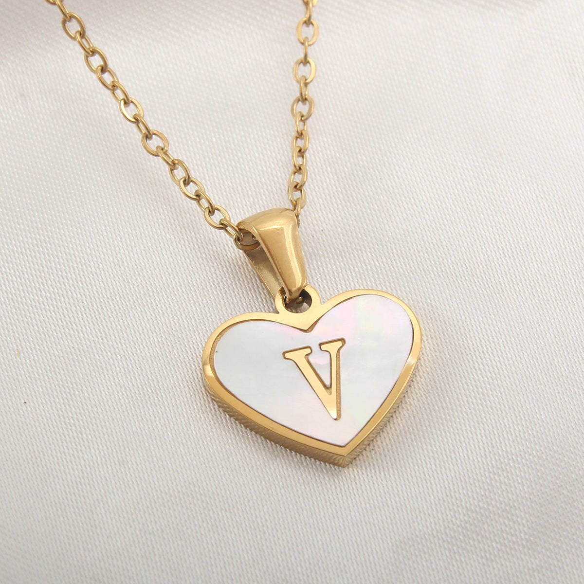 STORAZONE Best Seller V 26 Letter Heart-shaped Necklace White Shell Love Clavicle Chain Fashion Personalized Necklace For Women Jewelry Valentine's Day