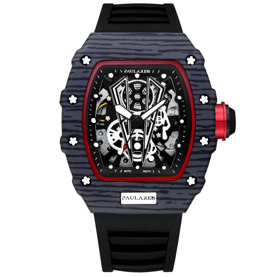 Storazone Black 1 Men Automatic Self Wind Skeleton Mechanical Red Black Rubber Strap Richard Fashion Tonneau Watch