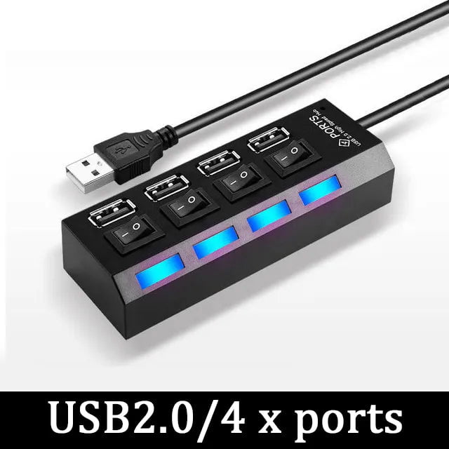 Storazone Black-2.0-4 ports USB 3.0 Power Adapter 4/7 Port Multi USB Splitter Hub USB Hub 2.0 USB Multiple Expander Switch 30CM Cable Hub Docking Stations