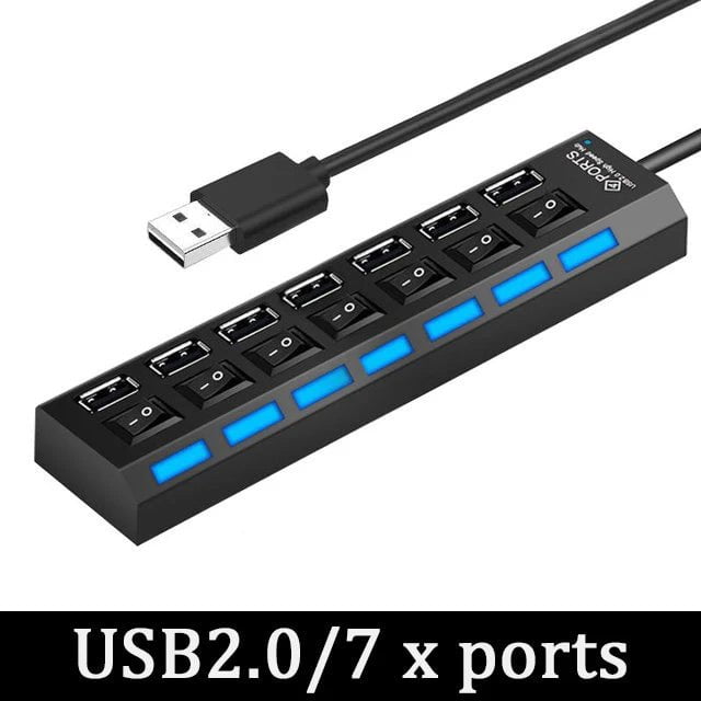 Storazone Black-2.0-7 ports USB 3.0 Power Adapter 4/7 Port Multi USB Splitter Hub USB Hub 2.0 USB Multiple Expander Switch 30CM Cable Hub Docking Stations