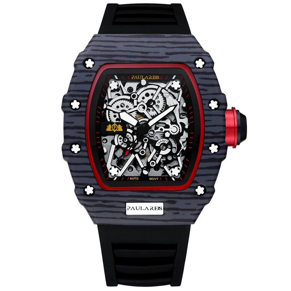 Storazone Black 2 Men Automatic Self Wind Skeleton Mechanical Red Black Rubber Strap Richard Fashion Tonneau Watch