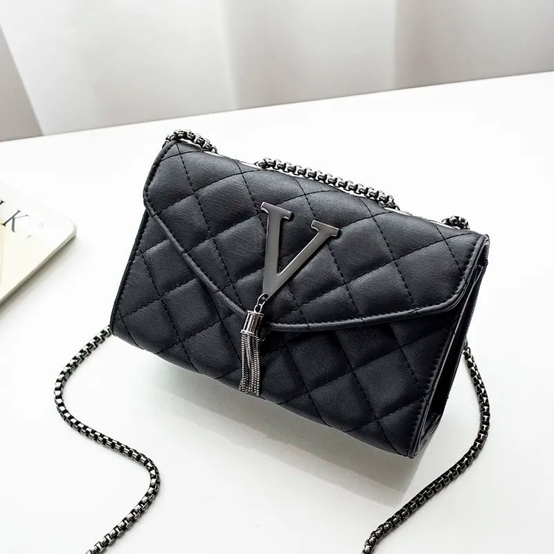 Storazone Black / 20.5cmX13cmX8cm Black Luxury Handbags And Purse Women PU Leather Messenger Shoulder Bag Plaid Female Crossbody Bag Tassel Quilted  Brand