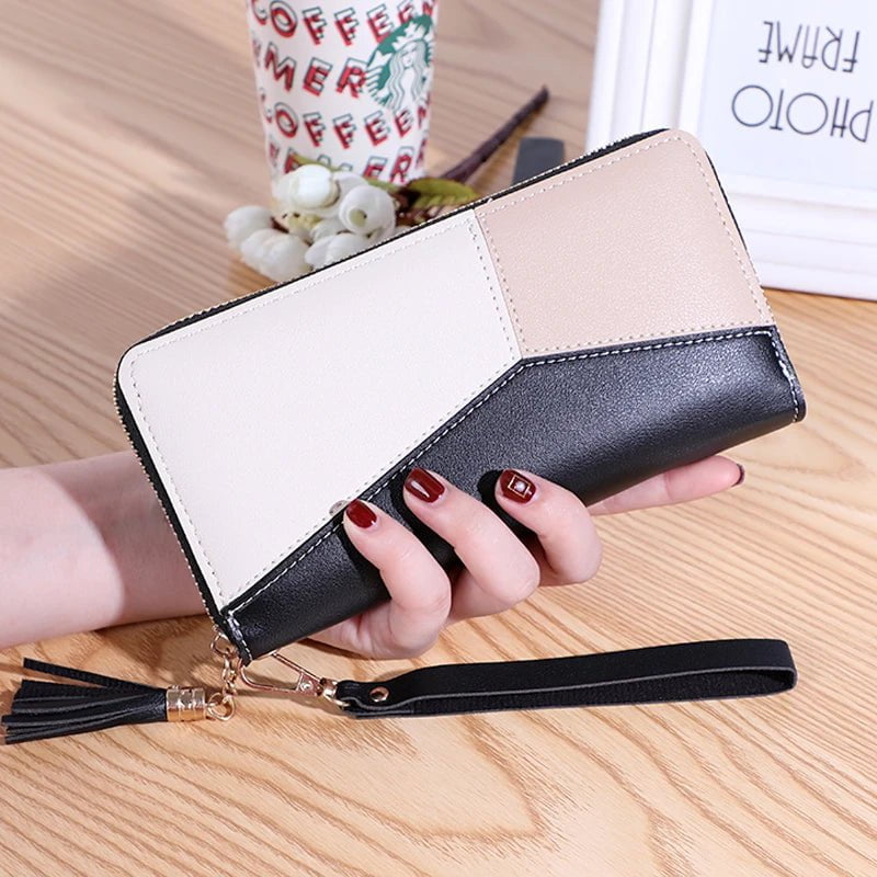 Storazone black 2023 New Women's Wallet Long Contrast Panel Zipper Tassel Large Capacity Wallet Mobile Case