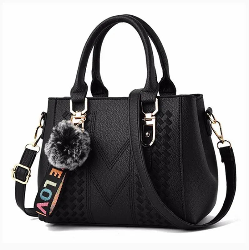 Storazone black / 23X14X19cm Embroidery Messenger Bags Women Leather Handbags Bags for Women Sac a Main Ladies hair ball Hand Bag