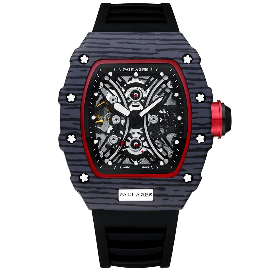 Storazone Black 3 Men Automatic Self Wind Skeleton Mechanical Red Black Rubber Strap Richard Fashion Tonneau Watch