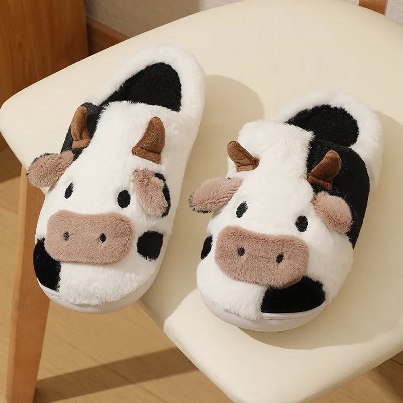 Storazone black / 36-37(fit35-36) Winter Unisex Cute Cartoon Cow Warm Plush Slippers Couple's Indoor Non-slip House Slides Men Women Toe Wrap Home Cotton Shoes
