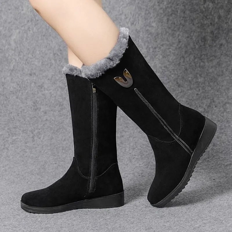 Storazone black / 36 Warm Chelsea High Fur Boots Women 2022 Winter Shoes for Women Chunky Mid-calf Plush Snow Flat Boots ZIP Fashion Botas De Mujer