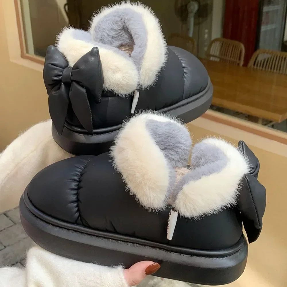 Storazone black / 38-39(fit 37-38) Winter Women Cute Warm Ankle Boots Outdoor Non-slip Thick Sole Snow Boots Furry Bow Cotton Shoes Men Pu Waterproof Plush Boots