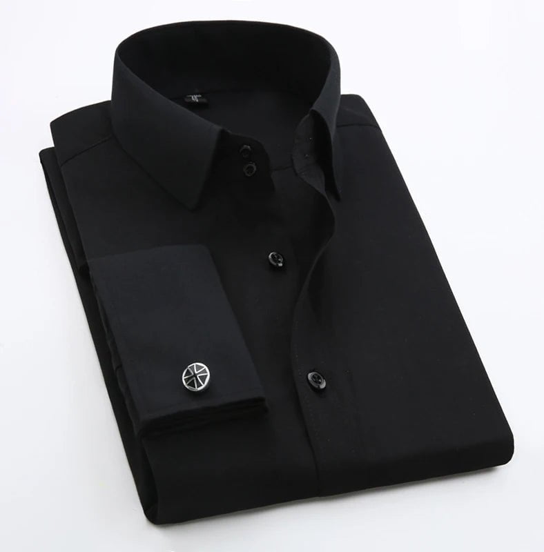 Storazone Black / 38 Men's French Cuff Dress Shirt Long Sleeve Slim Fit Tuxedo Shirts  with Cufflinks Poly/Cotton Double Button Collar