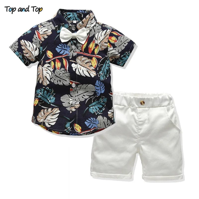 Storazone black / 3T Top and Top Children Boy Summer Clothing Set Short Sleeve Printed Shirt+Shorts Gentleman 2Pcs Suit Kids Boys Clothes Sets