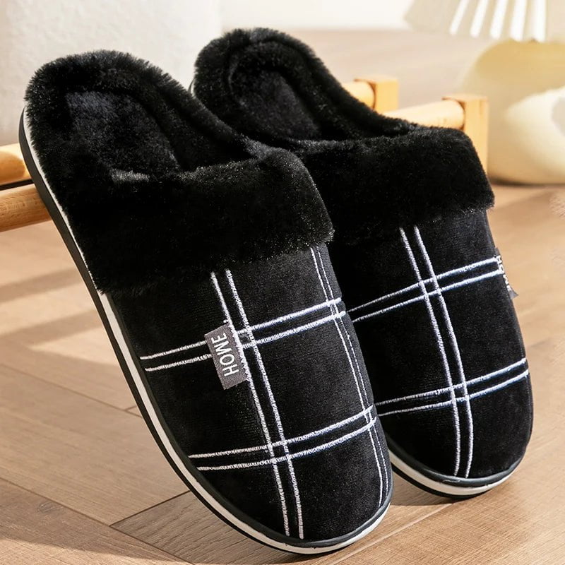 Storazone black / 42-43(25.1-26CM) Large size 50-51 Plaid House Slippers for Man Memory Foam Winter Plush Indoor Male Shoes Warm Home Slippers 2023 Non Slip Black