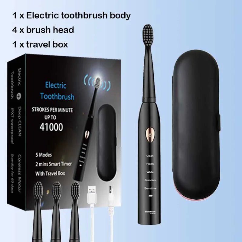 Storazone Black 4head 1BOX / CHINA Ultrasonic Sonic Electric Toothbrush For Adult Rechargeable Tooth Brushes Washable Electronic Whitening Teeth Brush Timer Brush