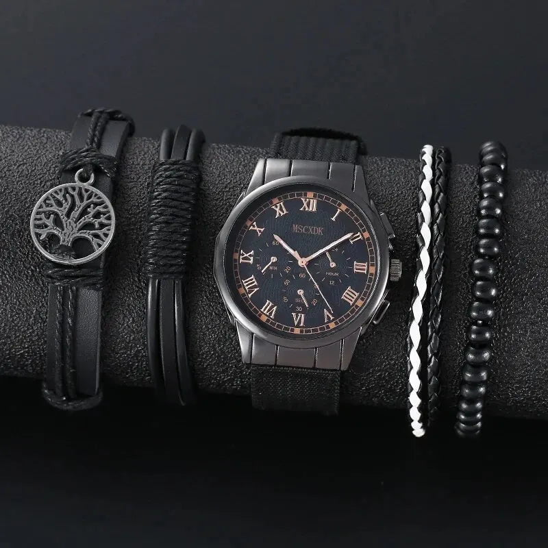 Storazone Black 4pcs Brown Nylon Strap Quartz Watch With Bracelet For Men Casual Fashion Round Watch In Daily Sport