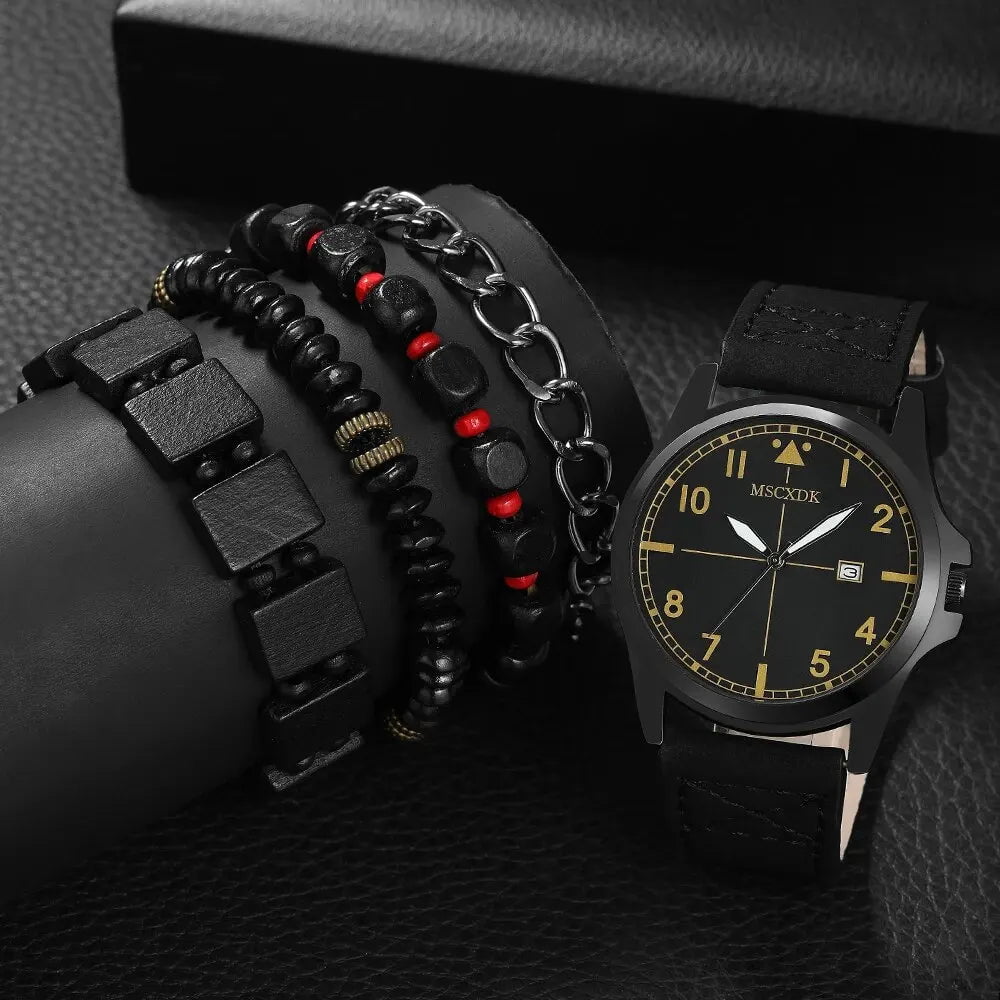 Storazone Black 5PCS Set Hip Hop Fashion Mens Bracelet Watches For Men Calendar Quartz Wrist Watch Male Casual Leather Watch Reloj Hombre