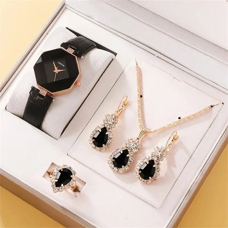 Storazone black 5pcs Set Watches Set Luxury Rhinestone Women Fashion Elegant Wristwatch Quartz Watch For Girl Ladies Clock Relogio