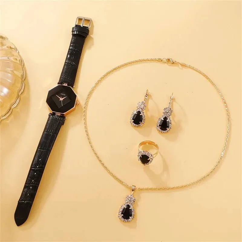 Storazone black 5pcs Set Watches Set Luxury Rhinestone Women Fashion Elegant Wristwatch Quartz Watch For Girl Ladies Clock Relogio