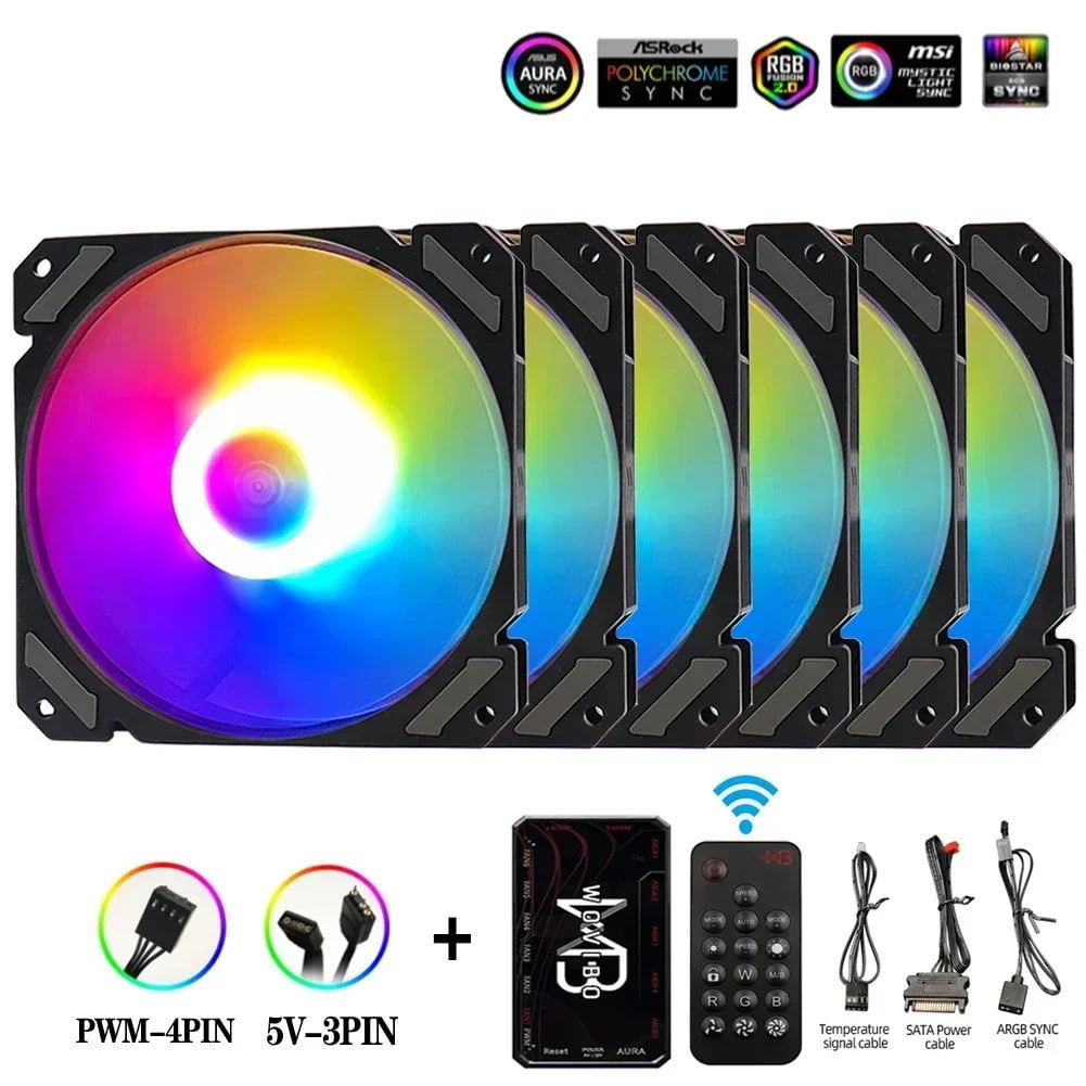 Storazone Black 6 in 1 / as shown in photo / ARGB | CHINA Wovibo 120mm RGB ARGB Fan Cooler PWM 4PIN 5V 3PIN Ventilateur PC Computer Cooling Case Radiator White Black 12cm Ventilador