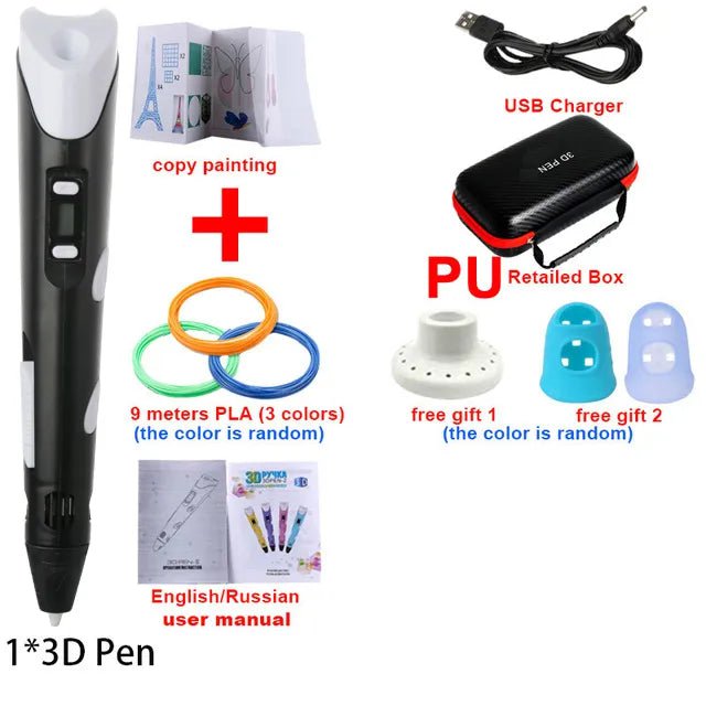 Storazone Black-9m / Only USB 3D Printing Pen DIY Drawing Pens With 1.75mm PLA Filament Birthday Christmas Gifts For Kids Children With Power Travel Case