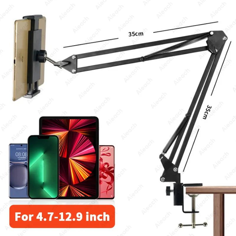 Storazone Black Adjustable Bed Tablet Stand for 4-12.9 inches Mobile Phones Tablets Aluminum Arm Bed Desk Tablet Mount Support for iPad Mini