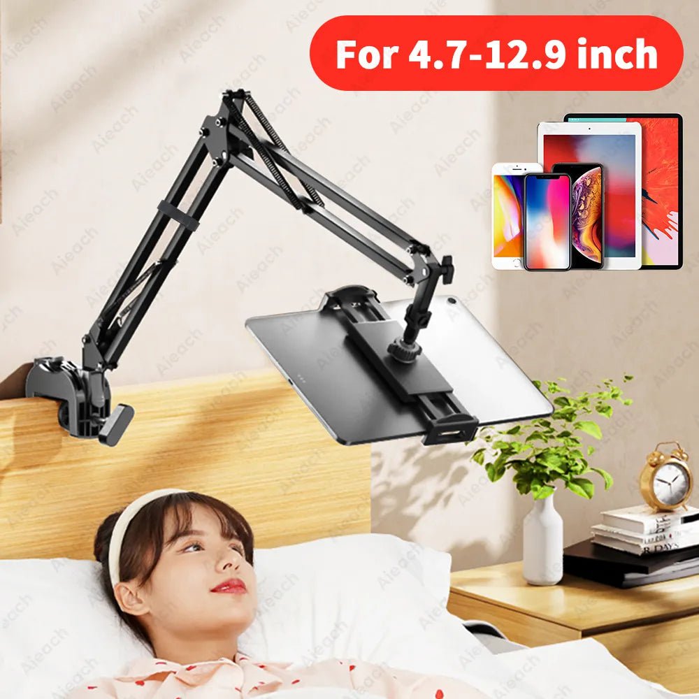 Storazone Black Adjustable Bed Tablet Stand for 4-12.9 inches Mobile Phones Tablets Aluminum Arm Bed Desk Tablet Mount Support for iPad Mini